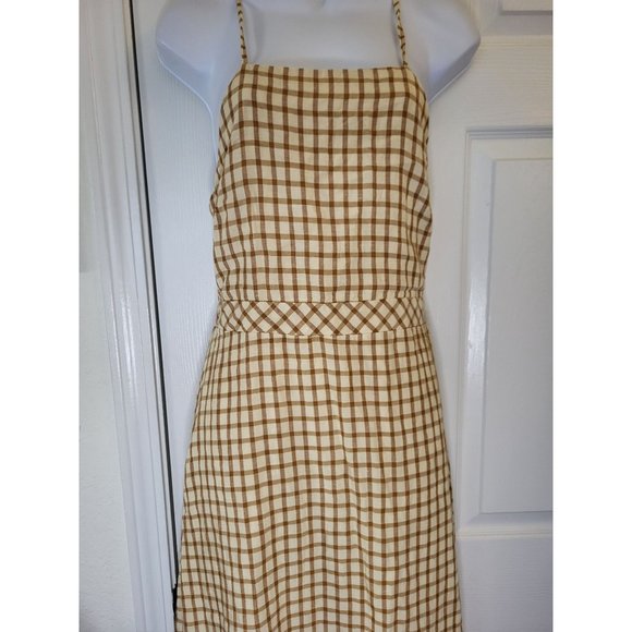 Zara Brown Plaid Linen Blend Midi Tie Back Open Back Dress, L - Picture 3 of 5